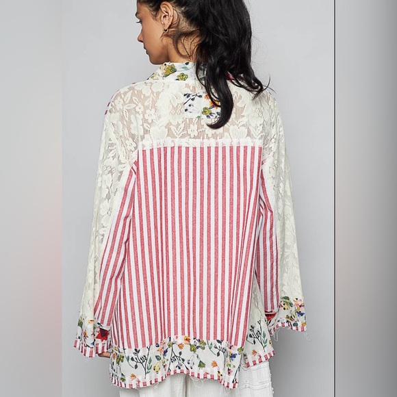 POL Lace Long Sleeve Striped Cardigan with Floral Patchwork Detail NIP - Picture 3 of 3